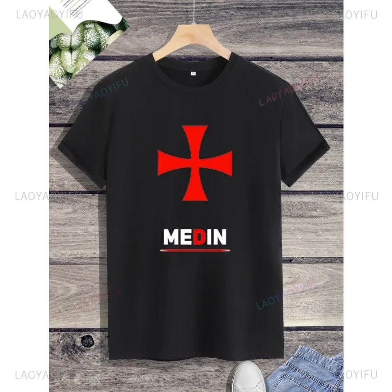 New Arrival Retro and Nostalgic Templar Knight Cross Printed T-shirt Top Male Tshirt Short Sleeve O-neck Loose Streetwear Popula