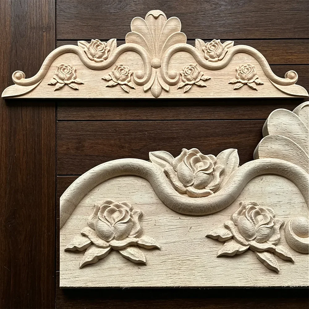55cm Wood Figurines Onlay Decal Wood Applique Carved Retro Antique Large Long Floral Rubber Wooden Window Cabinet Home Furniture