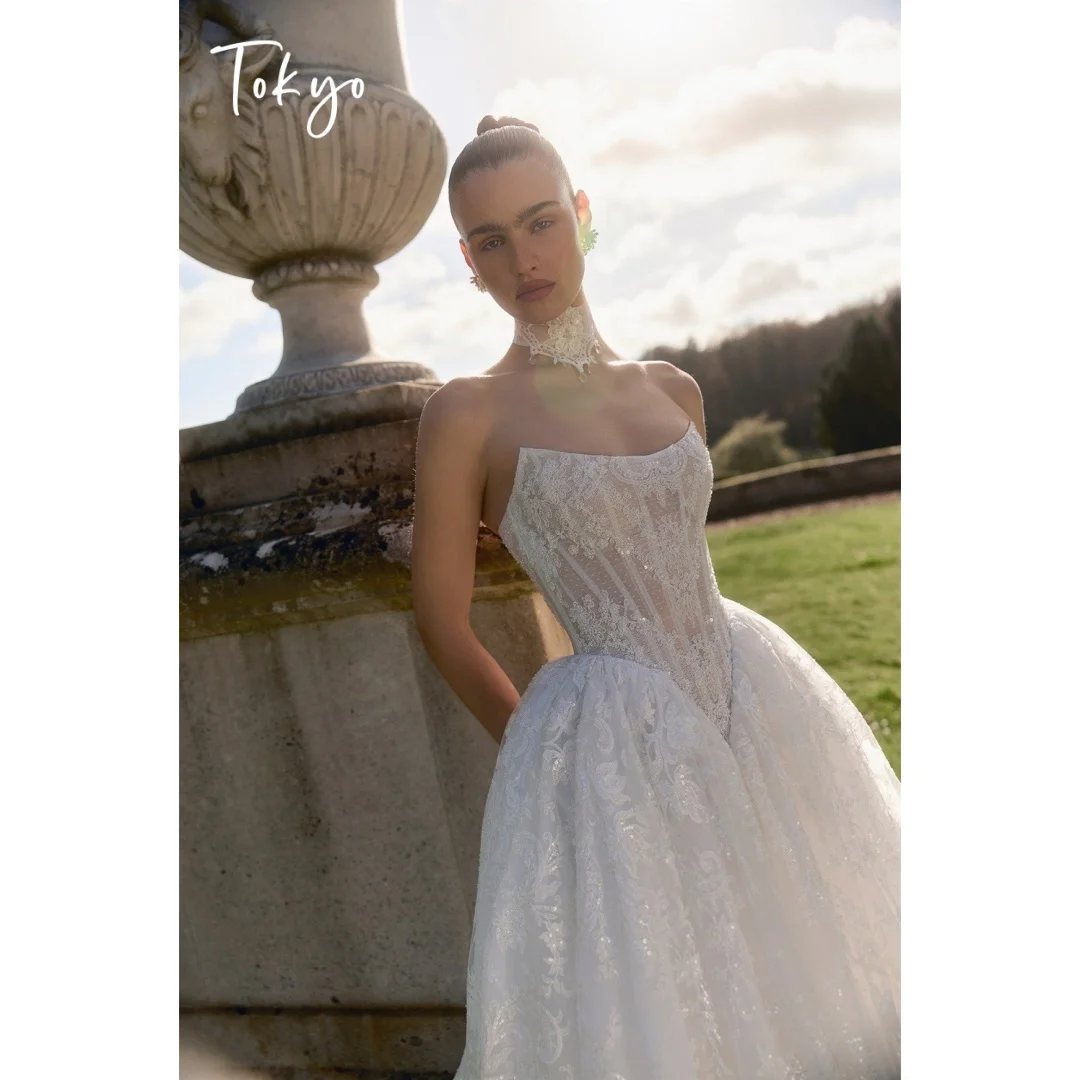Tokyo Custom Strapless Sheer Corset Lace Wedding Dress Sequined Sleeveless Ball Gown Elegant Bridal Formal Evening Gown