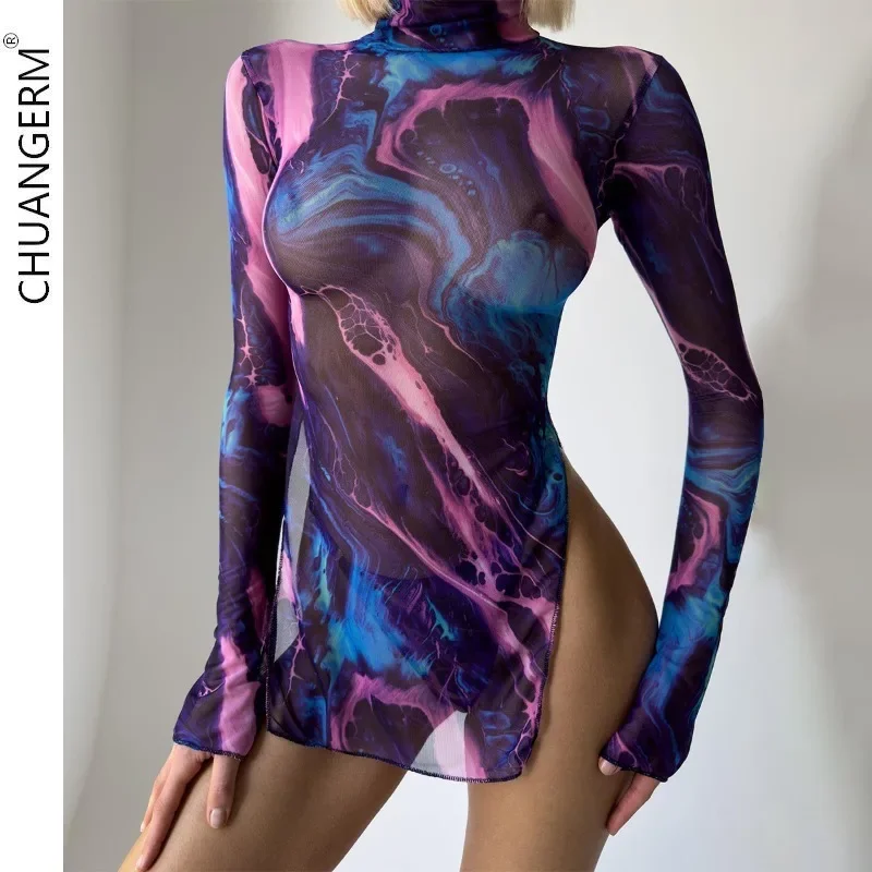 

CHUANGERM Shestyle Slit Tie Dye Print Bodysuit with Panty Colorful Turtleneck Mesh See-Through Long Sleeve Dresses Two Piece Set