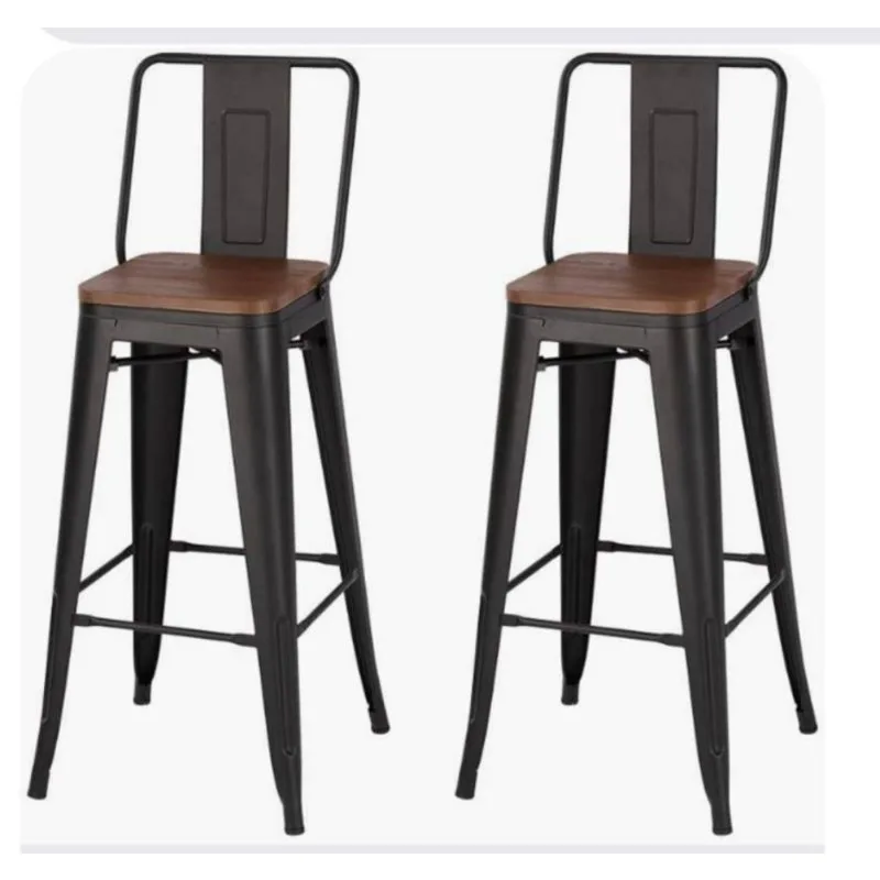 High-quality iron metal stacked bar stools with wooden seats, colorful industrial kitchen high-back bar chairs