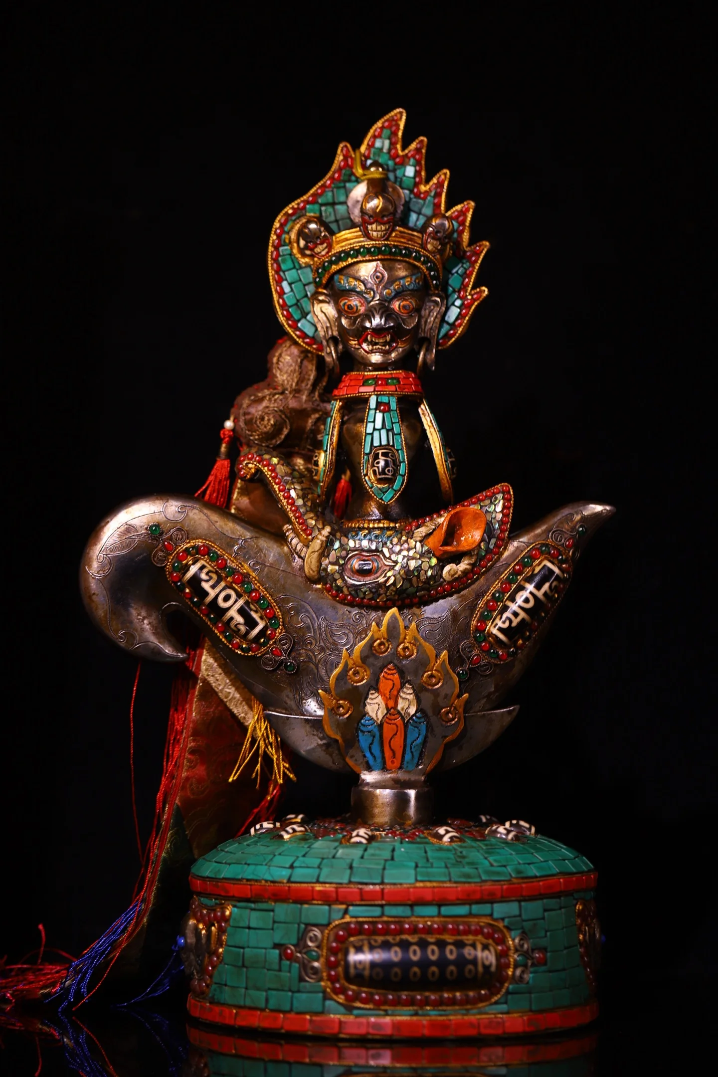 15"Old Tiantie Painted Mosaic Gem gZi Beads Turquoise Diamond Buddha head Skull Vajra Phurpa base Amulet Dharma Worship Hall