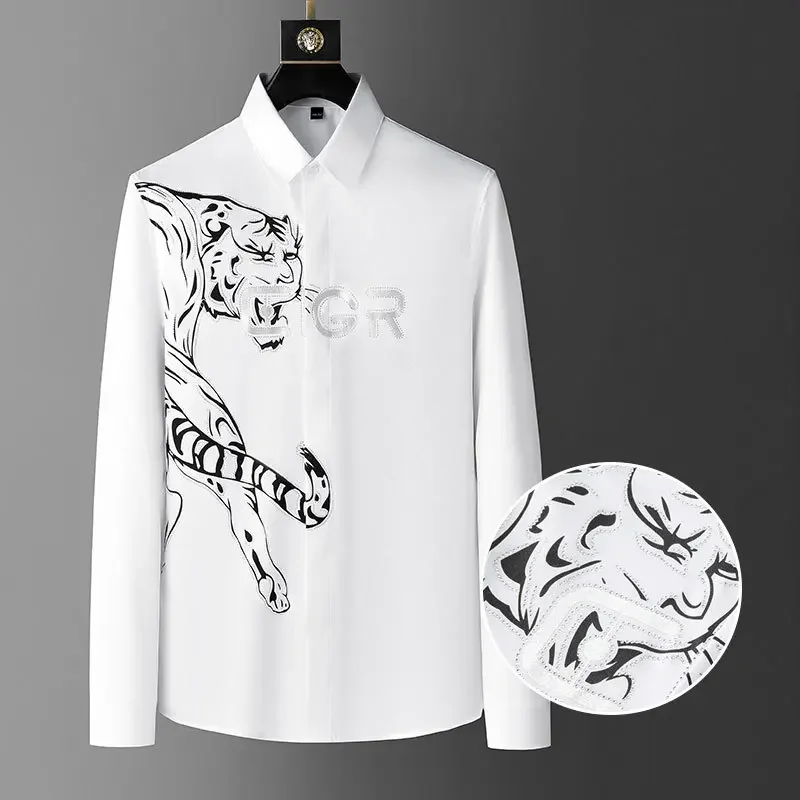 Tiger Contrast Print Camiseta Masculina Spring Shirt For Men Social Club Outfits Trend Brand Fashion Hot Diamond Print Shirt Men