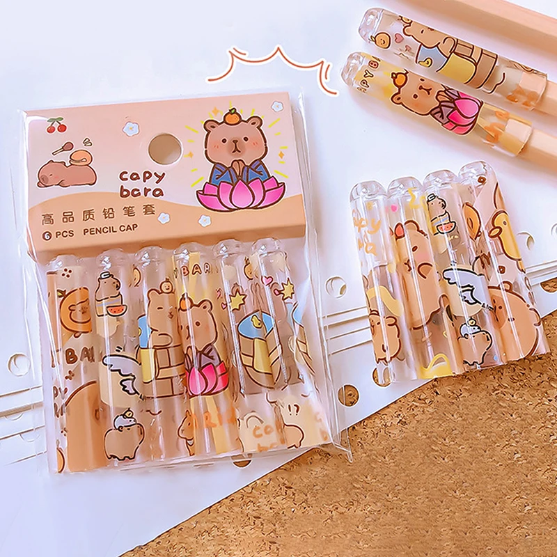 6Pcs Pack Kawaii Capybara Protective Pen Cover Transparent Pencil Cap Aesthetic Stationery Items Back To School Primary Supplies