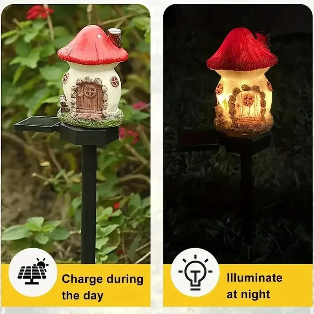 Creative Solar Resin Mushroom House Light Outdoor Waterproof LED Cartoon Ground Plug Light Garden Decoration Lawn Landscape Lamp