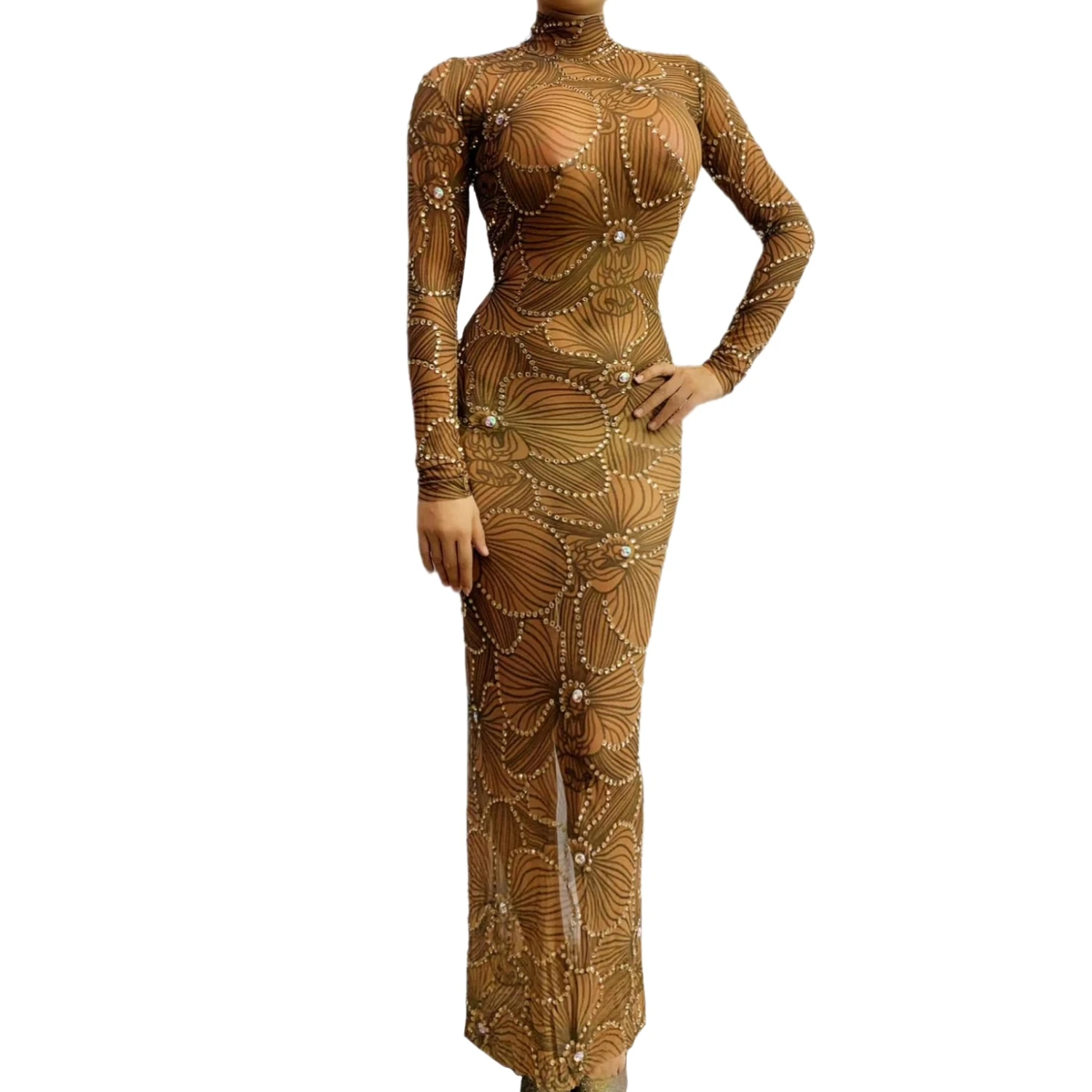 Hetaohua Womens Sexy Brown Floral Print Sheer Mesh Maxi Dress Long Sleeve High Neck Rhinestone Embellished Bodycon Party Dress