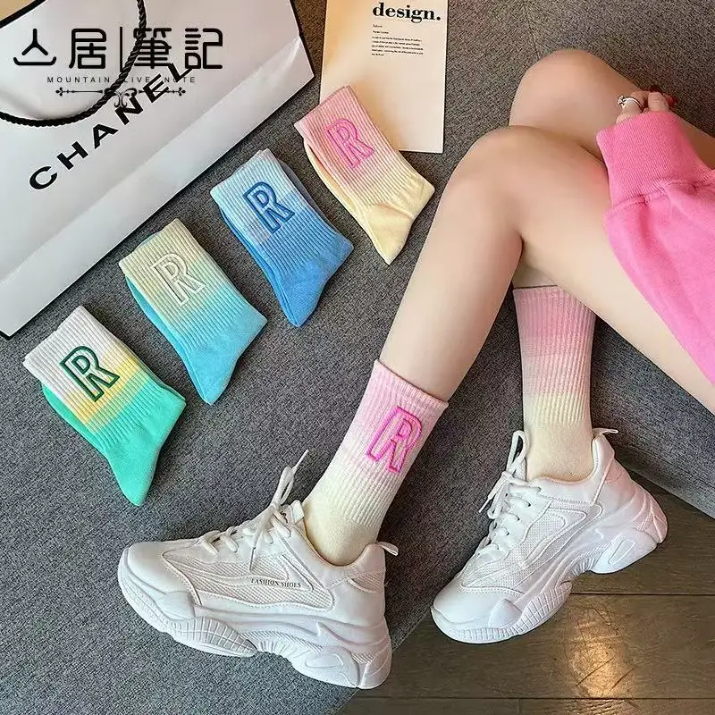 Gradient tie dye socks, children's mid tube socks, summer ins trend, Japanese style internet, red letter mother, R street sports