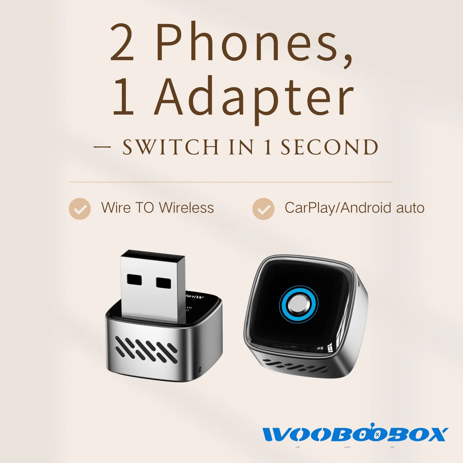 Wooboobox Wireless CarPlay Adapter 2026, 2 Phones One-Tap Switch Alloy Body, 2in1 CarPlay Dongle for  iPhone Android Auto BOX