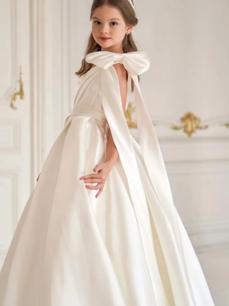 Maßgeschneidertes Satin-Blumenmädchenkleid mit einer Schulter und Schleife, Prinzessinnenkleid für Hochzeit, Kindergeburtstag, Erstkommunion, Abschlussball