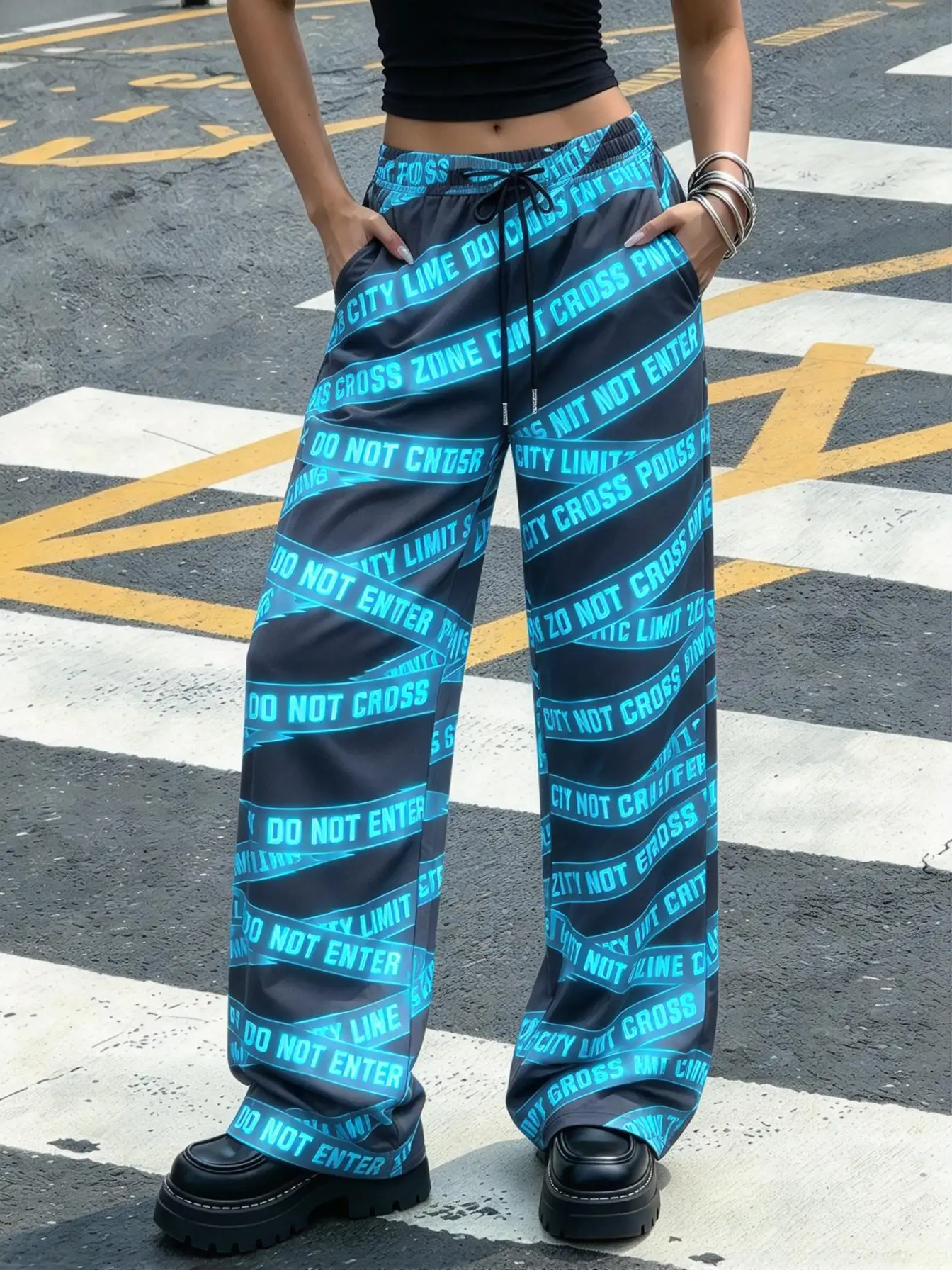 Low Waist Drawstring Wide Leg Pants For Women, Warning Strap Letter Print Loose Casual Hip Hop Trousers