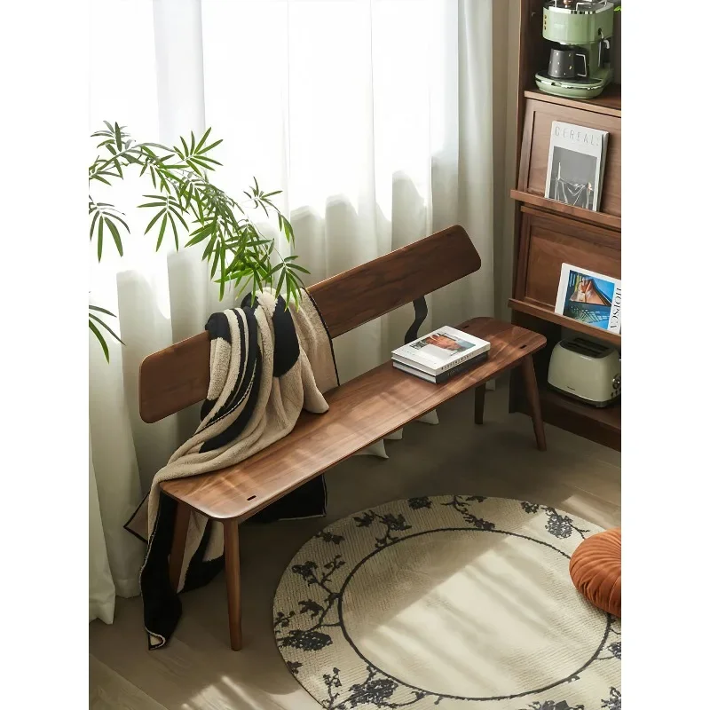 medieval style long bench solid wood backrest dining chair, walnut extremely narrow bedside sofa entrance