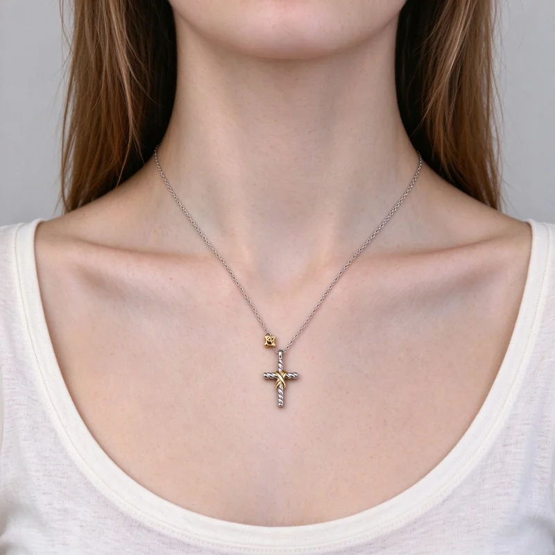 Silver Rope Twist Cross Pendant Necklace with Gold X Wrap Center Accent, Twisted Cable Chain, Vintage Religious Charm, Unisex Daily Wear Jewelry Gift for Men Women, High Quality Polished Alloy, Hypoallergenic Durable Fashion Accessory for Everyday Wear