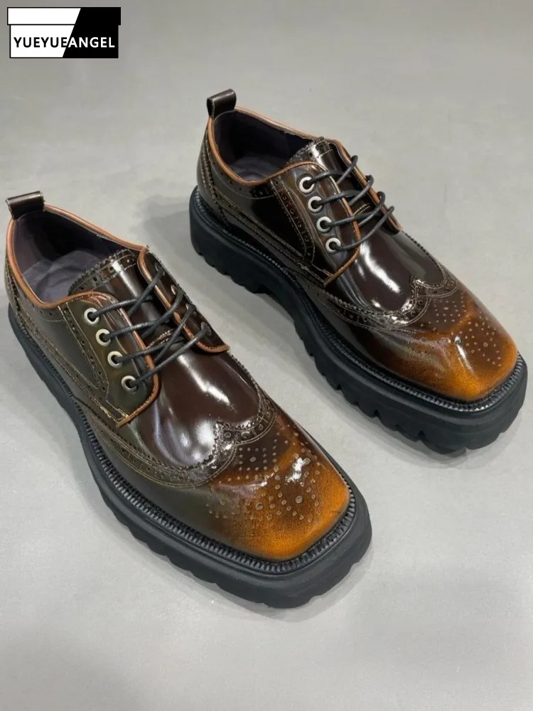 

British Style Male Fashion Cowhide Lace-Up Platform Handmade Dress Shoes Solid Color Genuine Leather Square Toe Formal Footwear