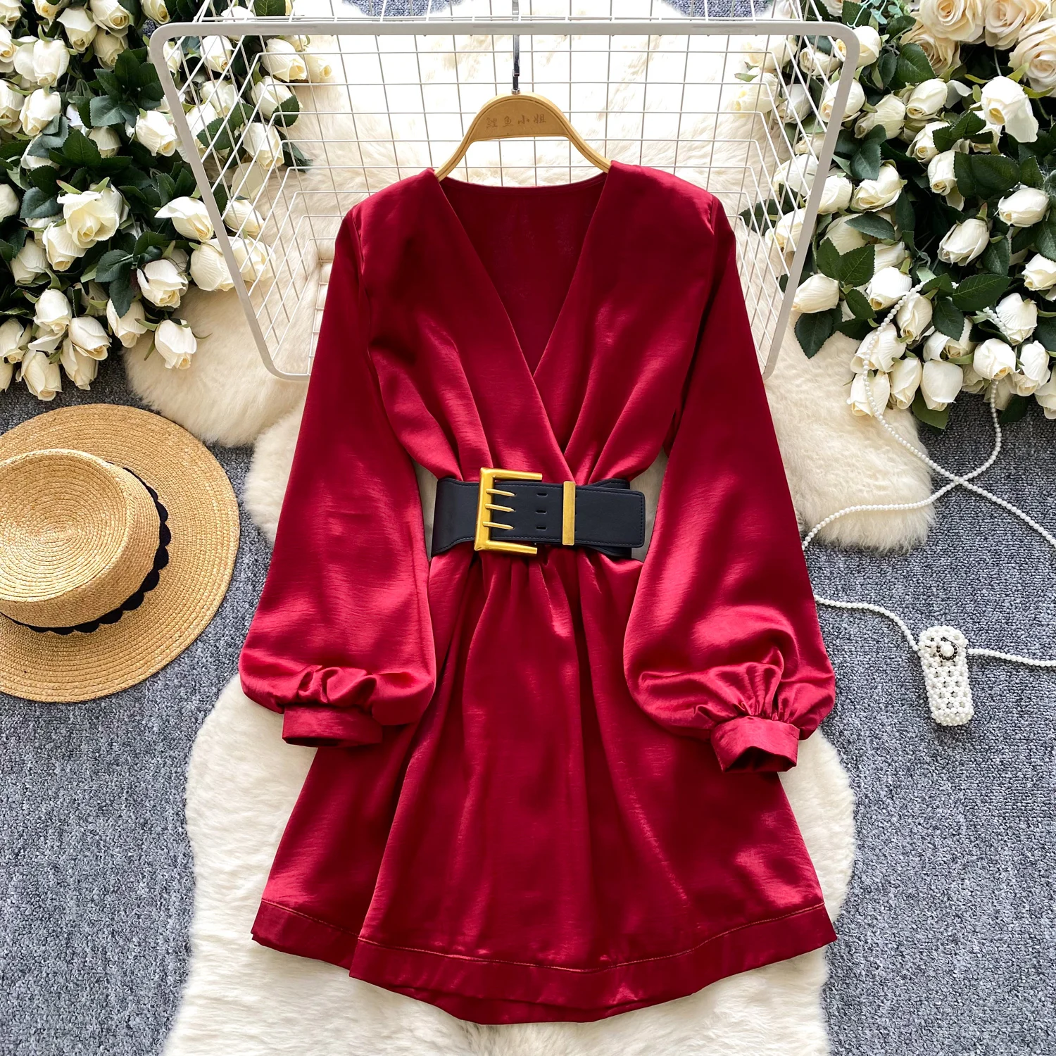 Chique sexy elegante satijnen V-hals ruches met lange mouwen A-lijn fee herfst vestidos deel dameskleding