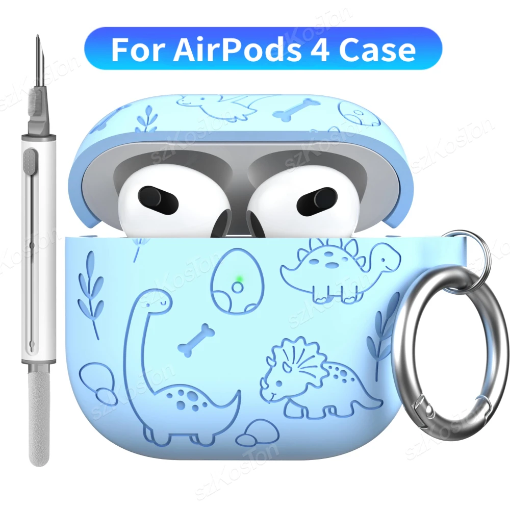 غطاء حماية من السيليكون بنمط ديناصور لطيف لأجهزة AirPods 4 مع سلسلة مفاتيح وقلم تنظيف سماعات هوائية محمولة 4th غلاف ناعم