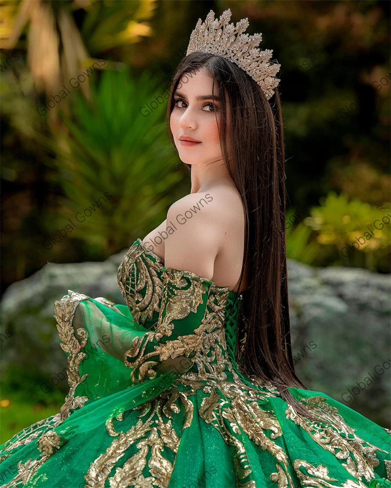 Vestido De quinceañera De México con escote Corazón, vestidos De fiesta De cumpleaños con lentejuelas verdes, manga dulce 16