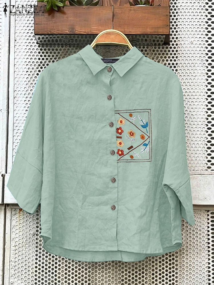 

Casual 3/4 Sleeve Shirts ZANZEA Women Embroidery Floral Blouses Summer Autumn Office Blusas Vintage Lapel Neck Buttons Tops 2025