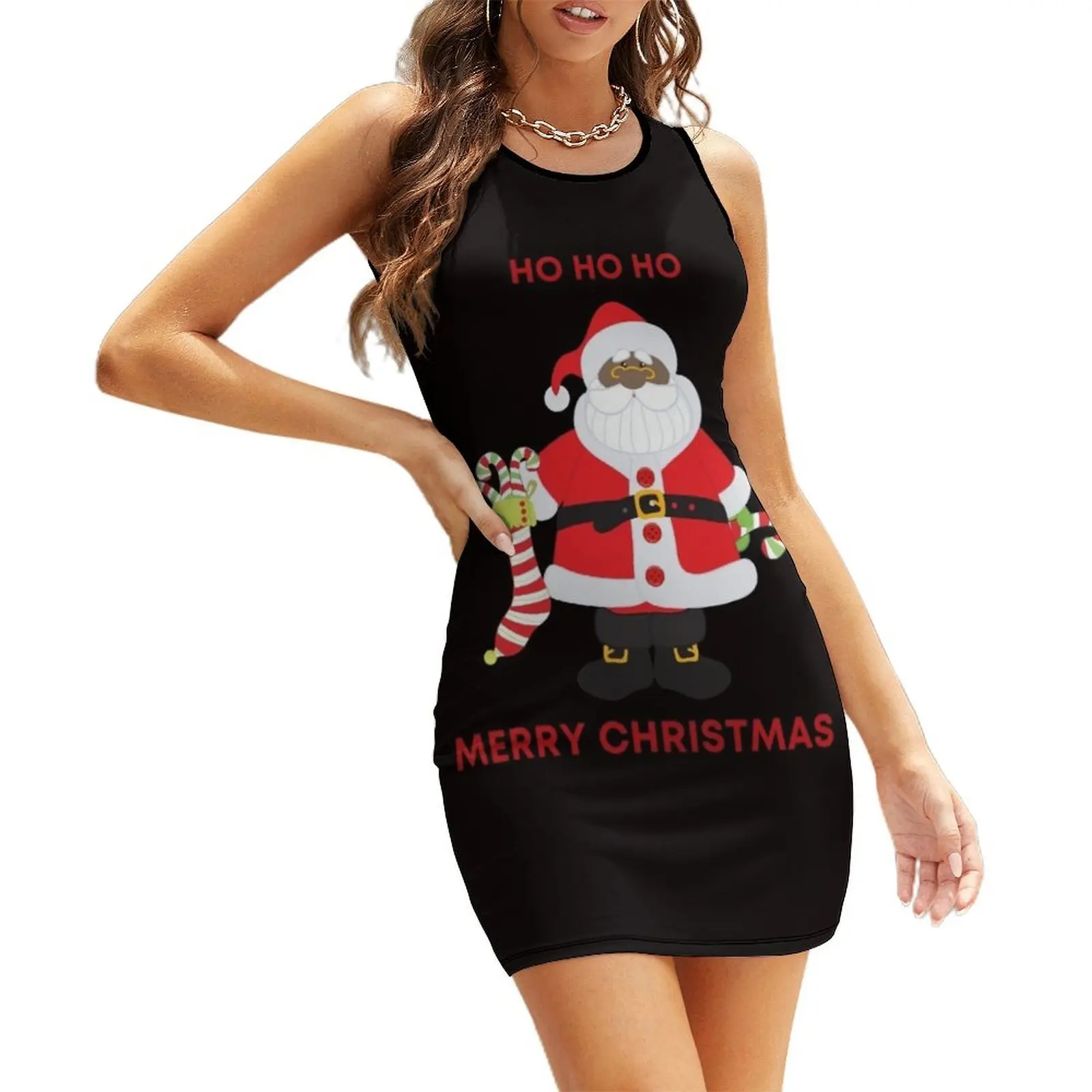 

African American Santa Claus Ho Ho Ho Merry Christmas Xmas Sleeveless Sundress dresses summer sexy dress for women