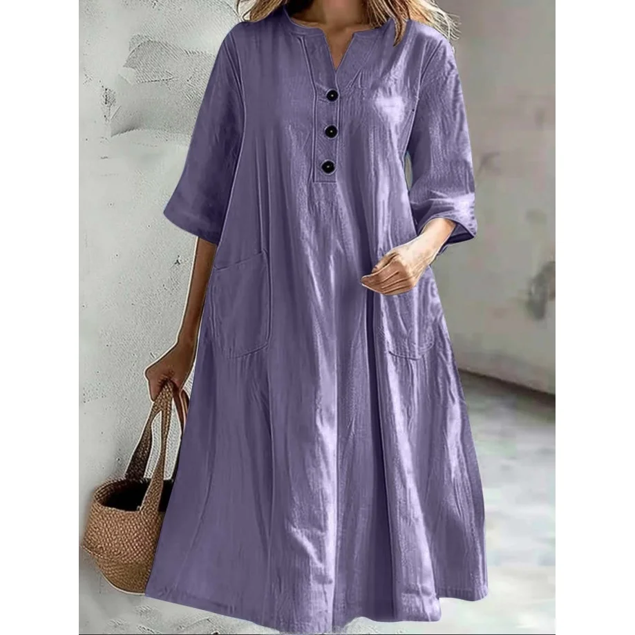 Women's Casual Cotton Lin Dress Loose Fit Midi V-Neck Half Sleeve Pocket Three Button Dress Comfortable Breathable Summer Dress