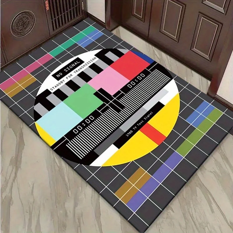 

Vintage TV signal rug: crystal velvet polyester, pixel design, large.