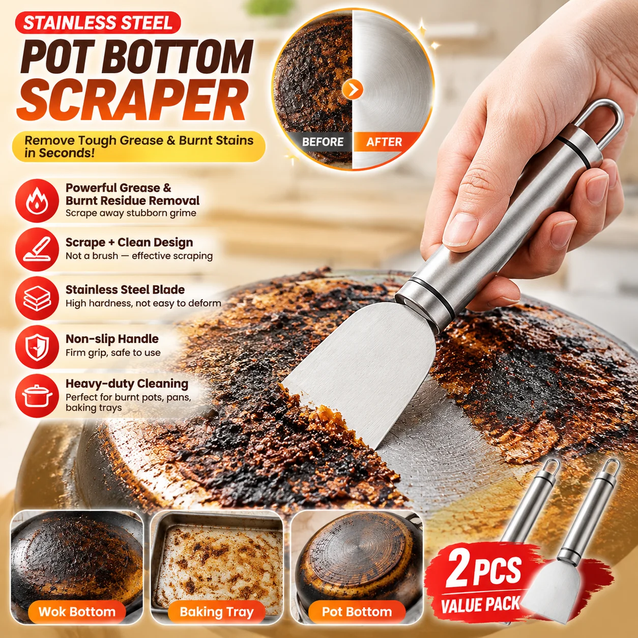 2PCS Stainless Steel Pot Bottom Scraper Heavy Duty Grease Scraper Burnt Residue Remover Kitchen Cleaning Tool for Wok Pan