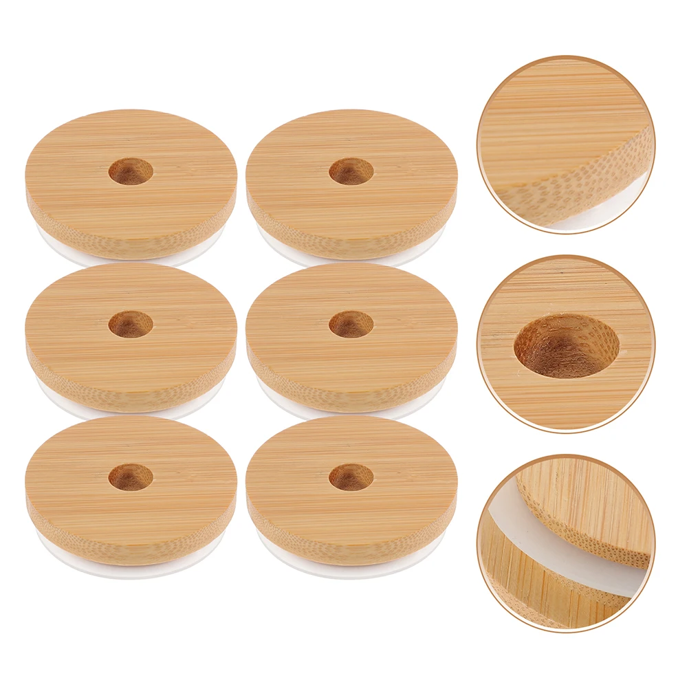 

6pcs Mason Jar Wood Lids With Straw Hole Reusable Canning Caps Household Mug Bottle Lid Wooden Covers For Glass Jars Yogurt