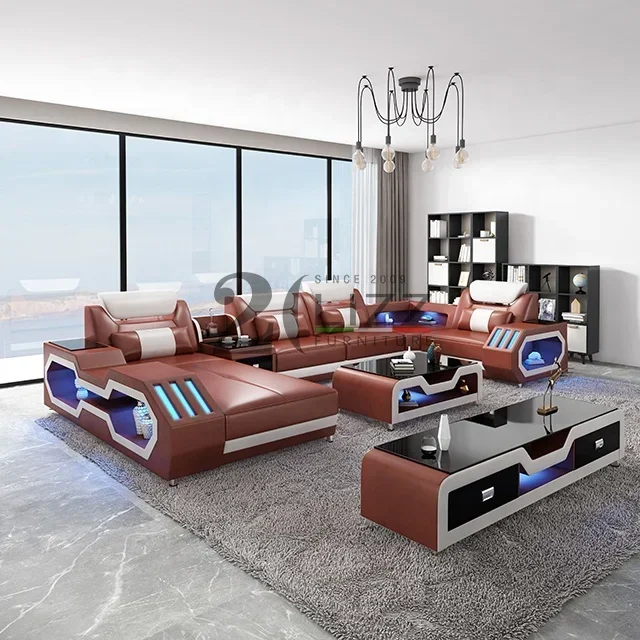 Modern Living Room Sofa Set Furniture Top Grain Leather Lounge Sectional With Chaise And Has Music To Play