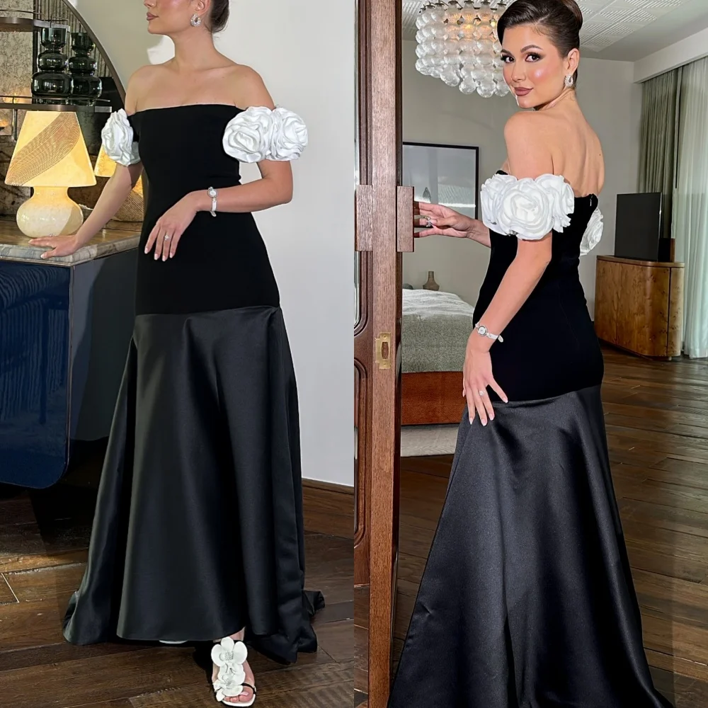 

Customized Classic Fashion Satin Handmade Flower Pleat A-line Off-the-shoulder Long Dresses Cocktail Dresses Chinese Style Match