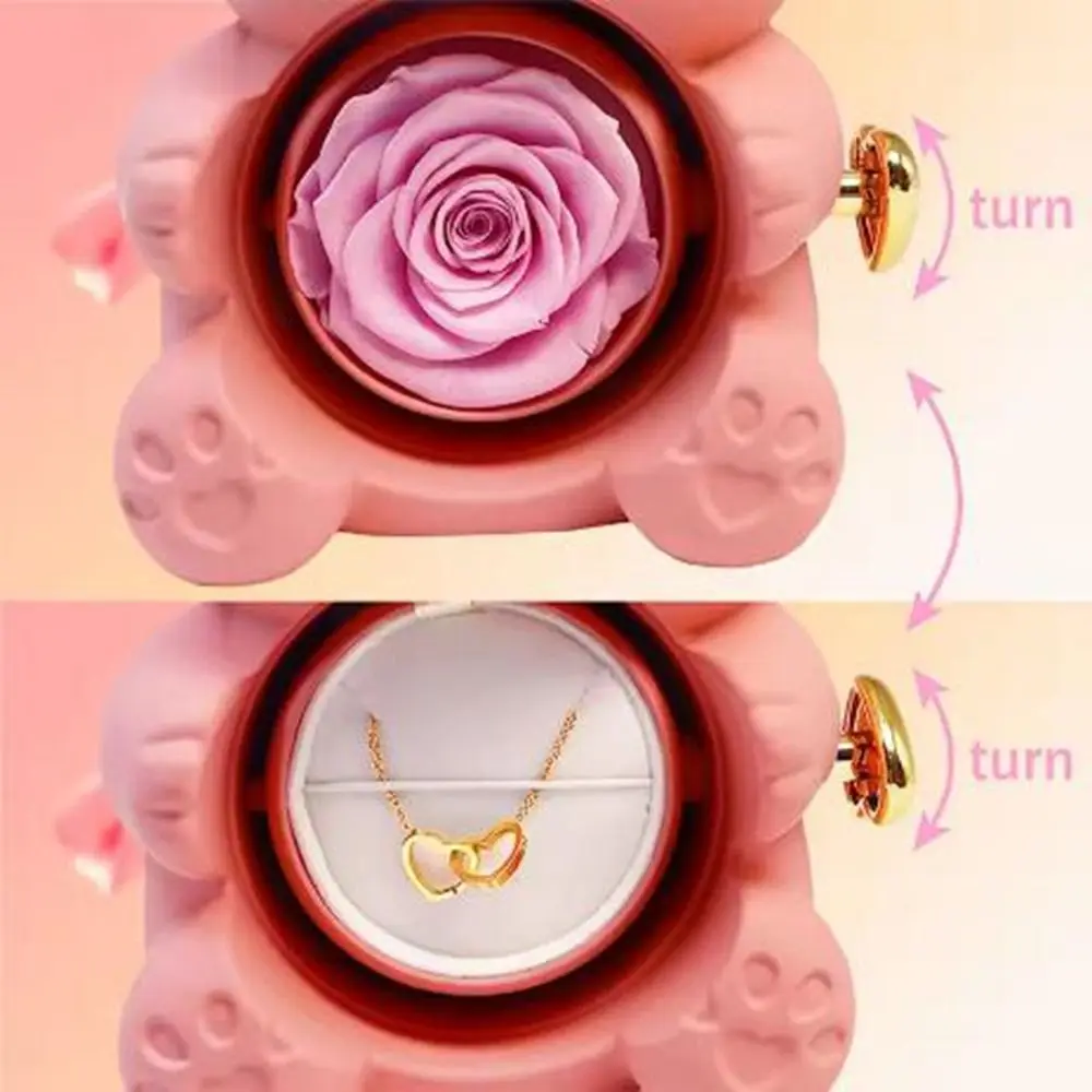 Plastic Rotating Hugging Bear Jewelry Box Romantic Cute Bear Shape Jewelry Box with Soap Rose Jewelry Display