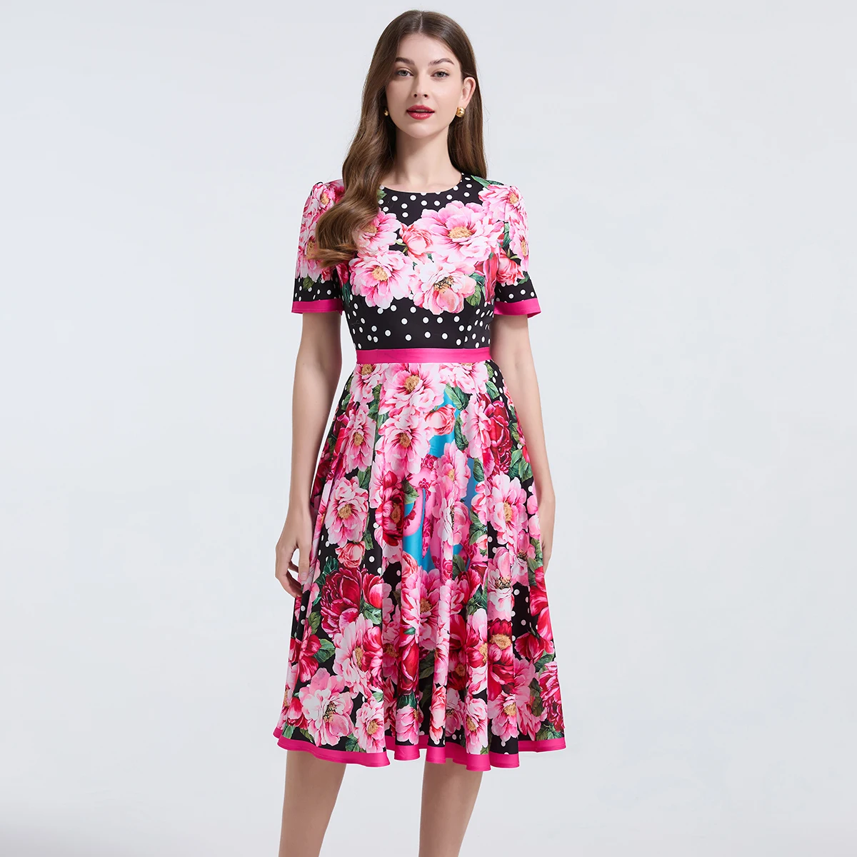 Summer Ready Floral Print Lightweight Chiffon Round Neck Fitted High Waist Flowy Midi Length Dress Beach Perfect with Polka Dots