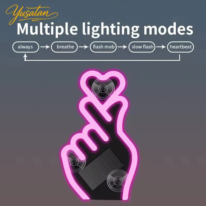 Solar Power Led Finger Heart Shaped Led Ambient Light Suction Cup USB Room Partty Atmosphere Breath Lamp Car Window Neon Light