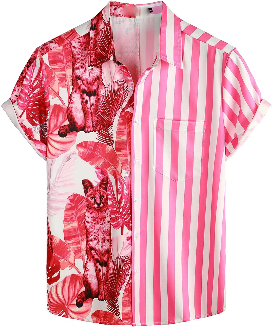 Men's Summer Short Sleeve Lapel Shirt Pink Stripe Print Shirt Hawaiian Vacation American 250th Anniversary of Independence Shirt