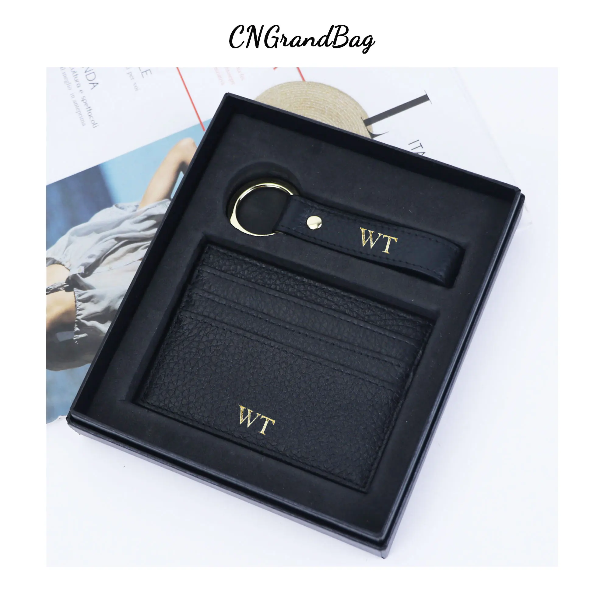 

Customizable Hot Stamping Name Genuine Leather Cardholder Key Ring Gift Box Set New Luxury Coin Purse Key Chain Drop Shipping