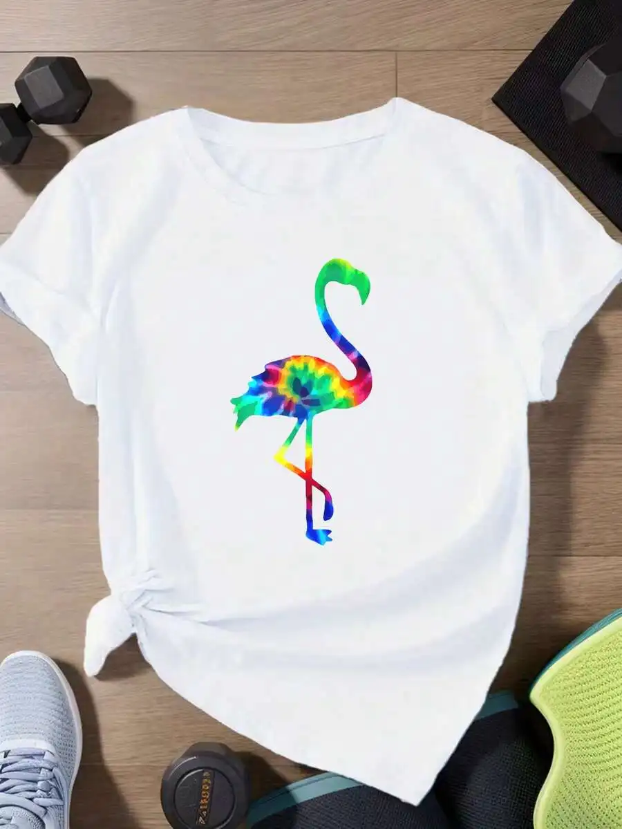 

Tie Dye Flamingo Print Short Sleeve Loose Fit T-Shirt For Women And Men
