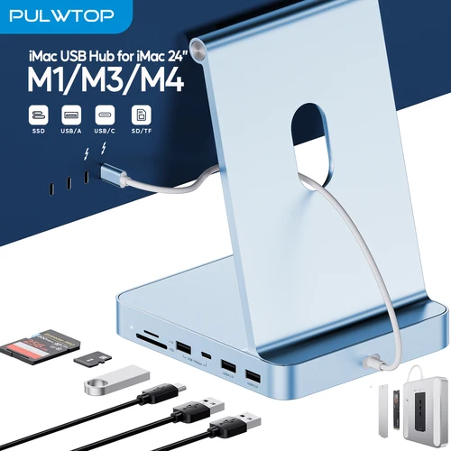 PULWTOP USB C HUB para iMac 24 pulgadas 2021/2023/2024, iMac Hub con USB C/A 10Gbps, SD/TF, compatible con ampliar SSD M.2 (NO incluido)
