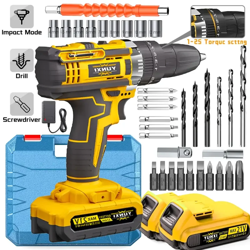 

Набор аккумуляторных ударных дрелей 21 В, набор беспроводных дрелей, набор бытовых электроинструментов, с аккумулятором и быстрым зарядным устройством, на батарейках,