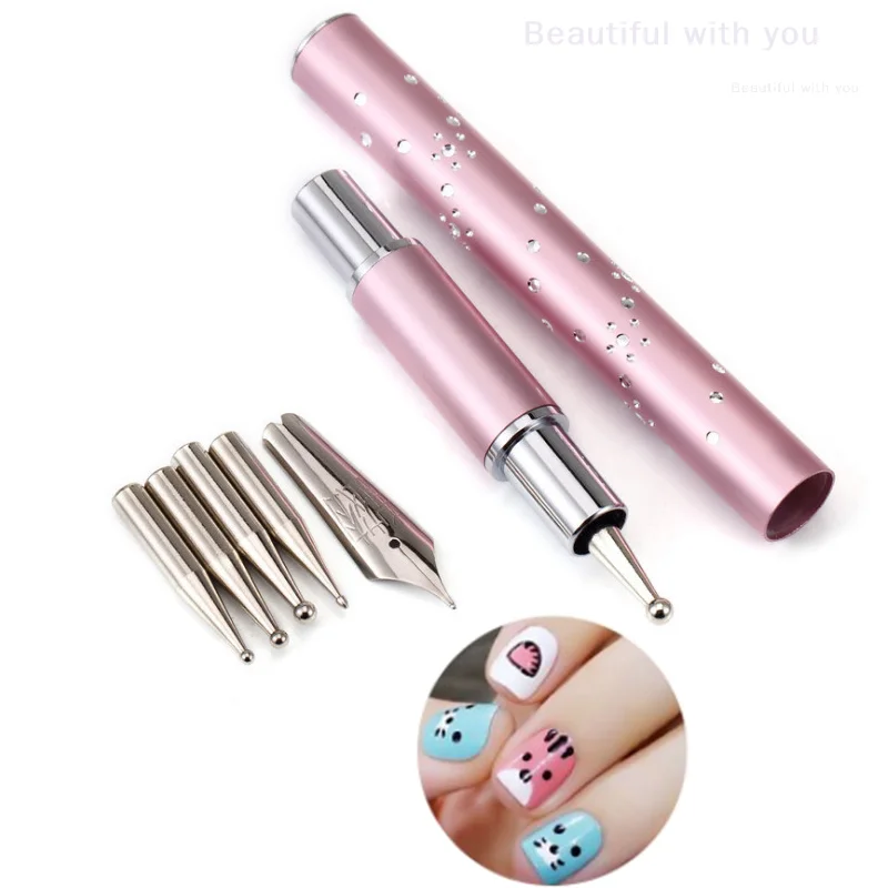 6 Heads Stainless Steel Dotting Pens Rhinestone Picker Pencil UV Gel Acrylic Drawing Painting Liner Pen Nail Art Tools