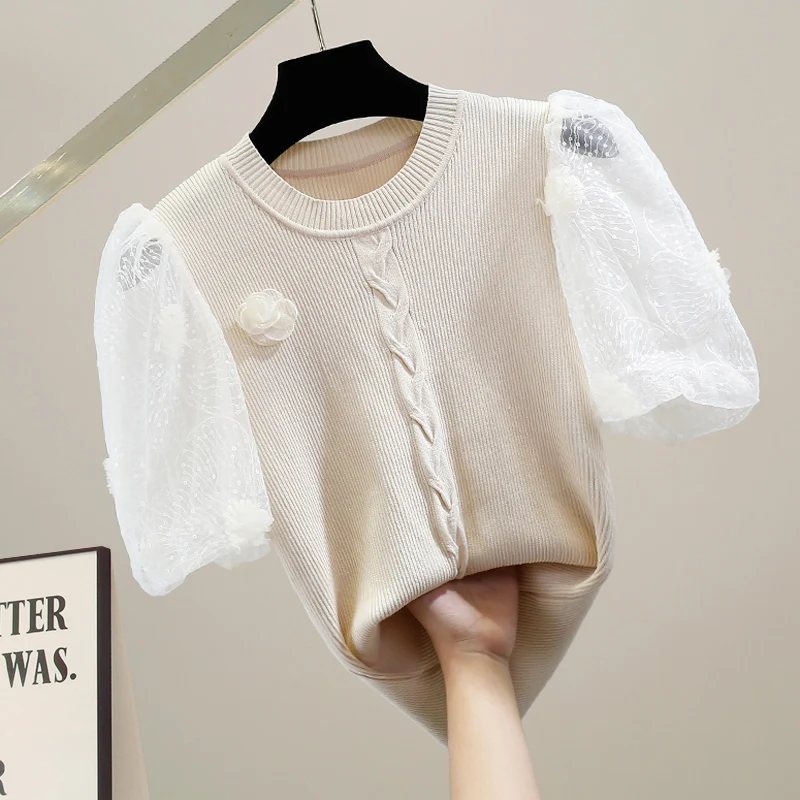 

Модный трикотажный джемпер в горошек с пайетками и рукавами-фонариками, в стиле пэчворк, с коротким рукавом, омолаживающий дизайн, корейский стиль