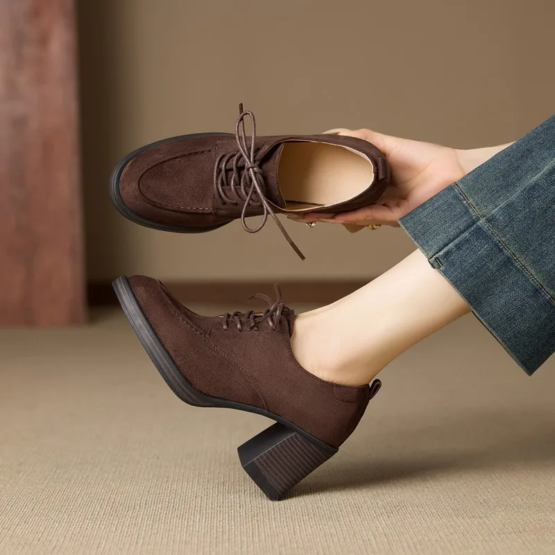 

DIMANYU Women's Dress Shoes 2026 Spring New Genuine Leather Suede Women's High Heels British Style Lace-Up Women's Loafers