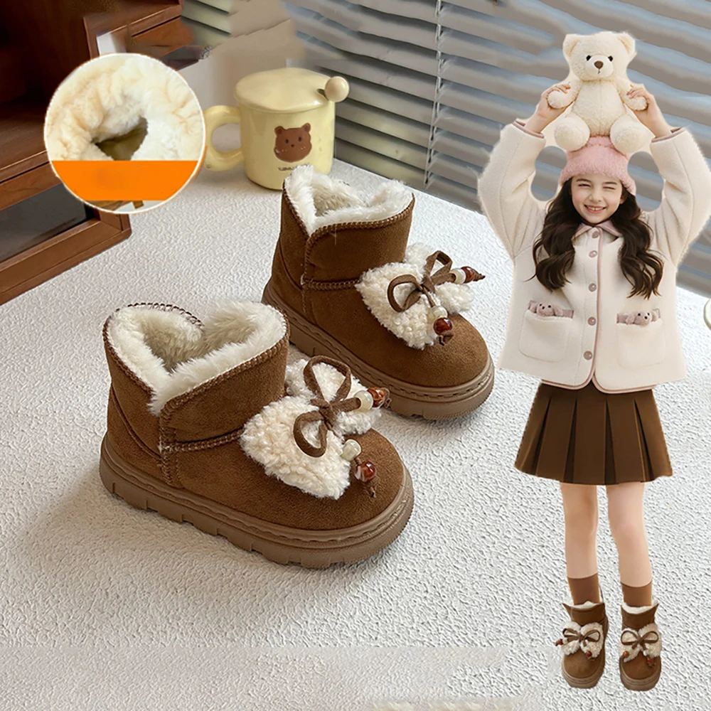 

Winter Plush Boots For Children Korean Style Cute Bow Kid's Snow Boots Thick Warm Girl's Princess Winter Boots Fur Cotton Shoes