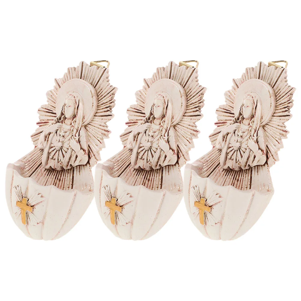 

3 Pcs Holy Water Basin Guadalupe Font Catholic Wall Figure Art Decor Hanging Statue Resin Crafts