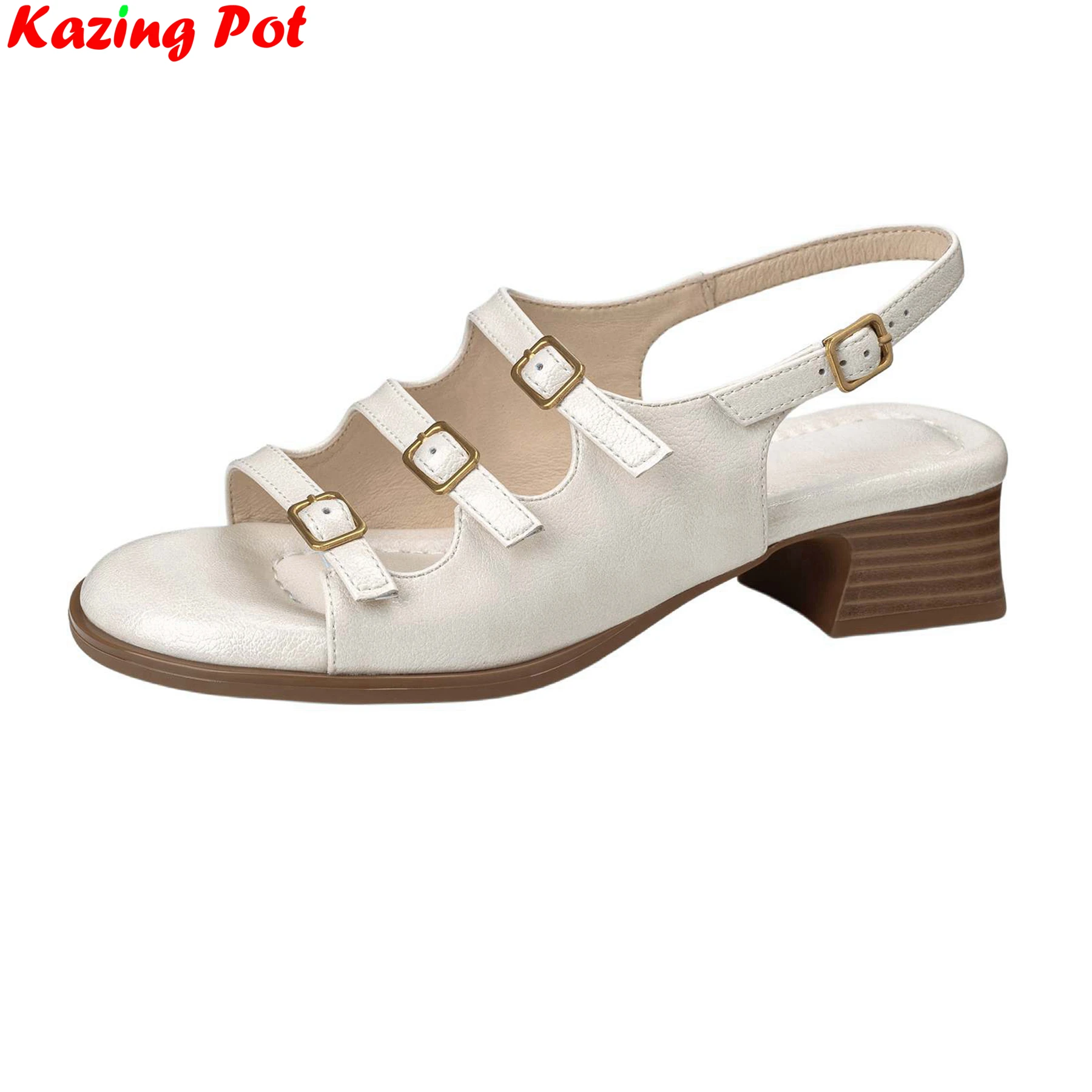 Plus Size 34-41 Cow Skin Med Heels Peep Toe Summer Shoes Office Lady Dating Slingback Dress Party Ins Brand Modern Women Sandals