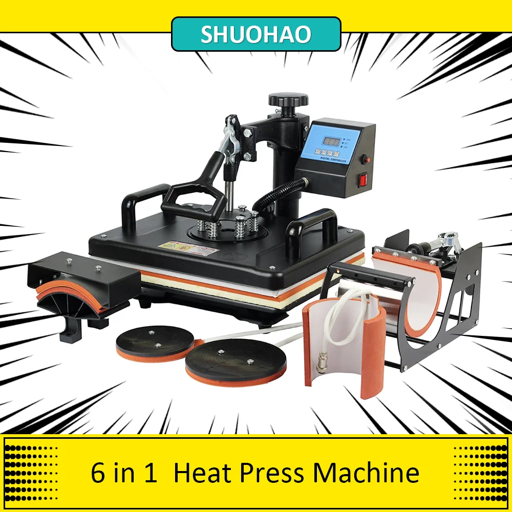 SHUOHAO SH06 6 in 1 Heat Press Machine, 11.4*15in, 29*38cm for Cap/Bag/Mouse Pad/Phone Case/Pillows/Mug/Plate/Coaster/T-shirts