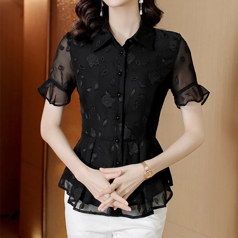 Elegante Mode solide Rüschen Knopf Chiffon Shirt Sommer Polo-Ausschnitt kurze Schmetterling Ärmel schlanke Tunika Tops Damen bekleidung