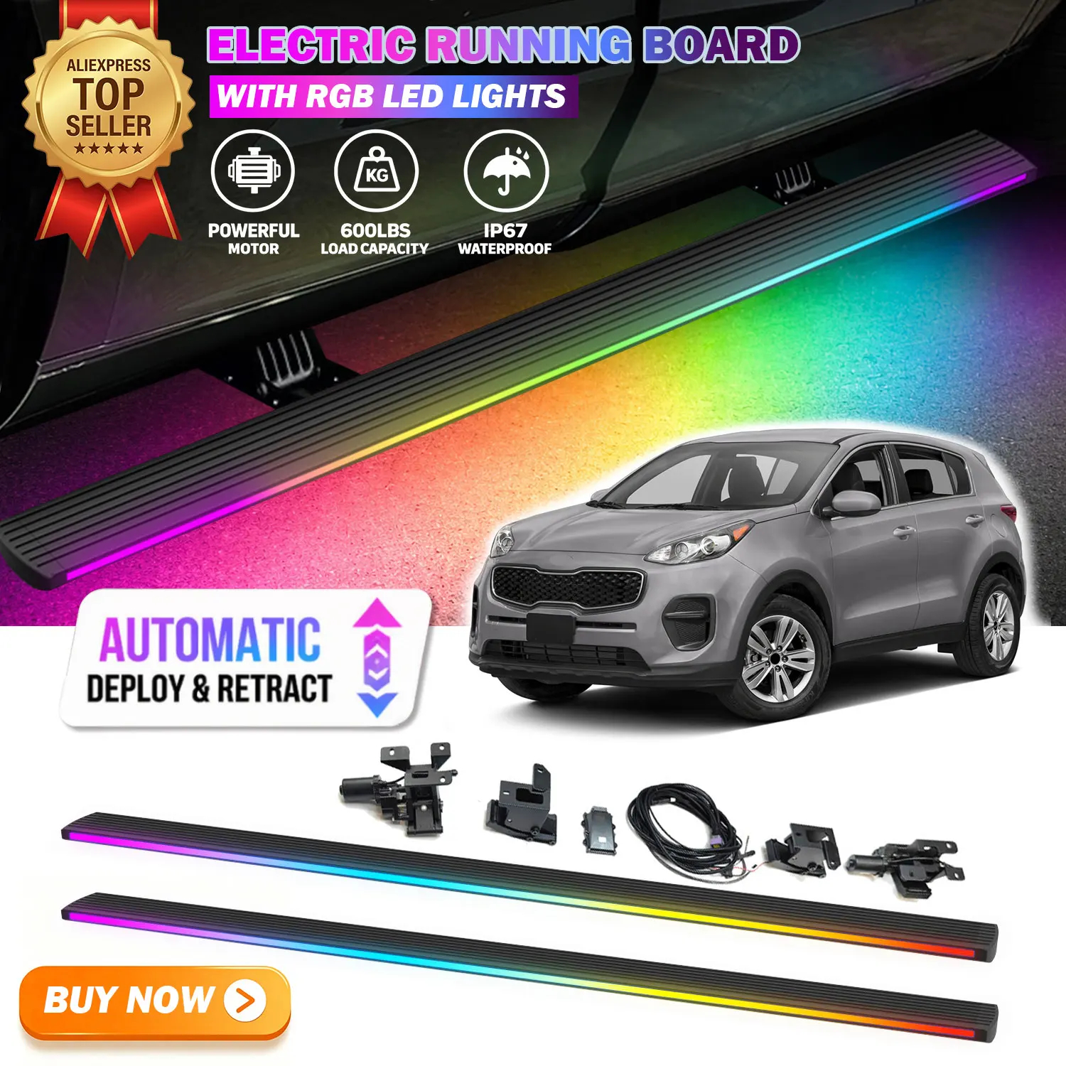 Deployable Power Electric Running Boards Fits For KIA Sportage 2017-2022 with LED Light Strips Side Step Nerf Bars