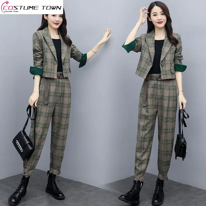 Spring New Plaid Patchwork Short Jacket Leggings Overalls Two-piece Elegant Women's Casual Pants Suit Exquisite Outfits