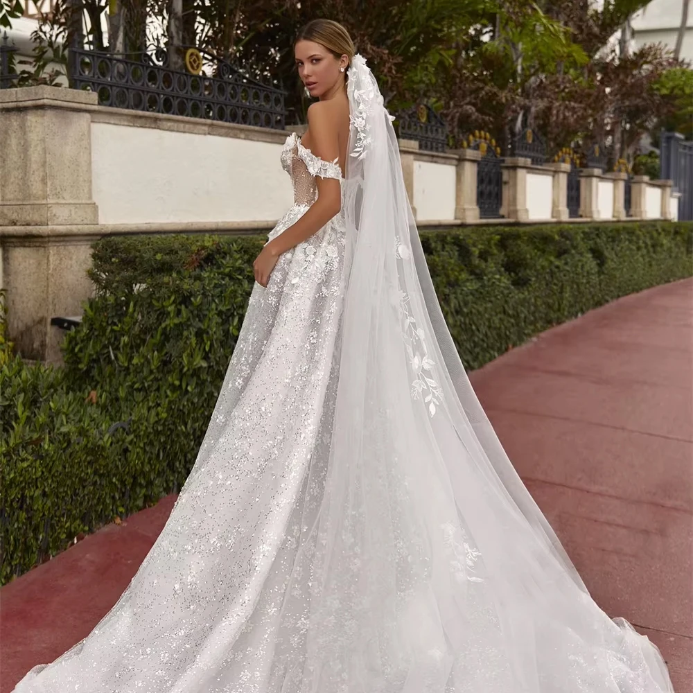 Customized Glitter A-line Wedding Dresses for Bride Off the Shoulder Sweetheart 3D Flowers Floor—Length Robe   Bridal Gown
