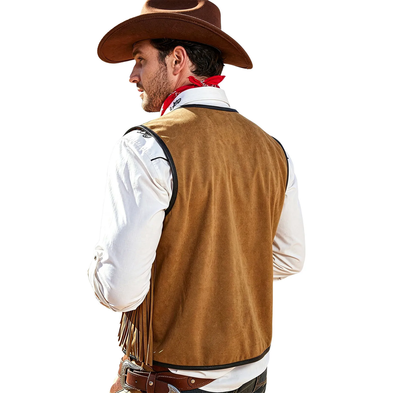 Mens Retro Western Cowboy Fringed Vest Front Tassel Star Print Open Front Faux Suede Tank Top Waistcoat for Cosplay Fancy Party