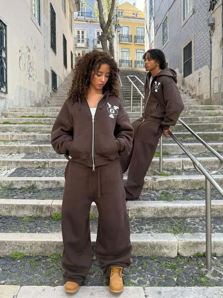 هوديي ريترو مع حروف مطرزة، هوديي دافئ، ملابس رياضية شتوية كاجوال وفضفاضة، مجموعة سراويل رياضية للرجال والنساء