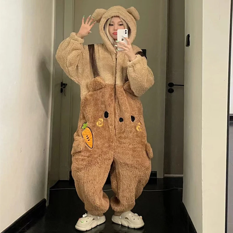 2023 Winter Pajamas For Women Kawaii Bear Onesie Hooded Cartoon Pajama Homewear Lounge Sleepwear Thick Warm Comfy Girl Home Wear